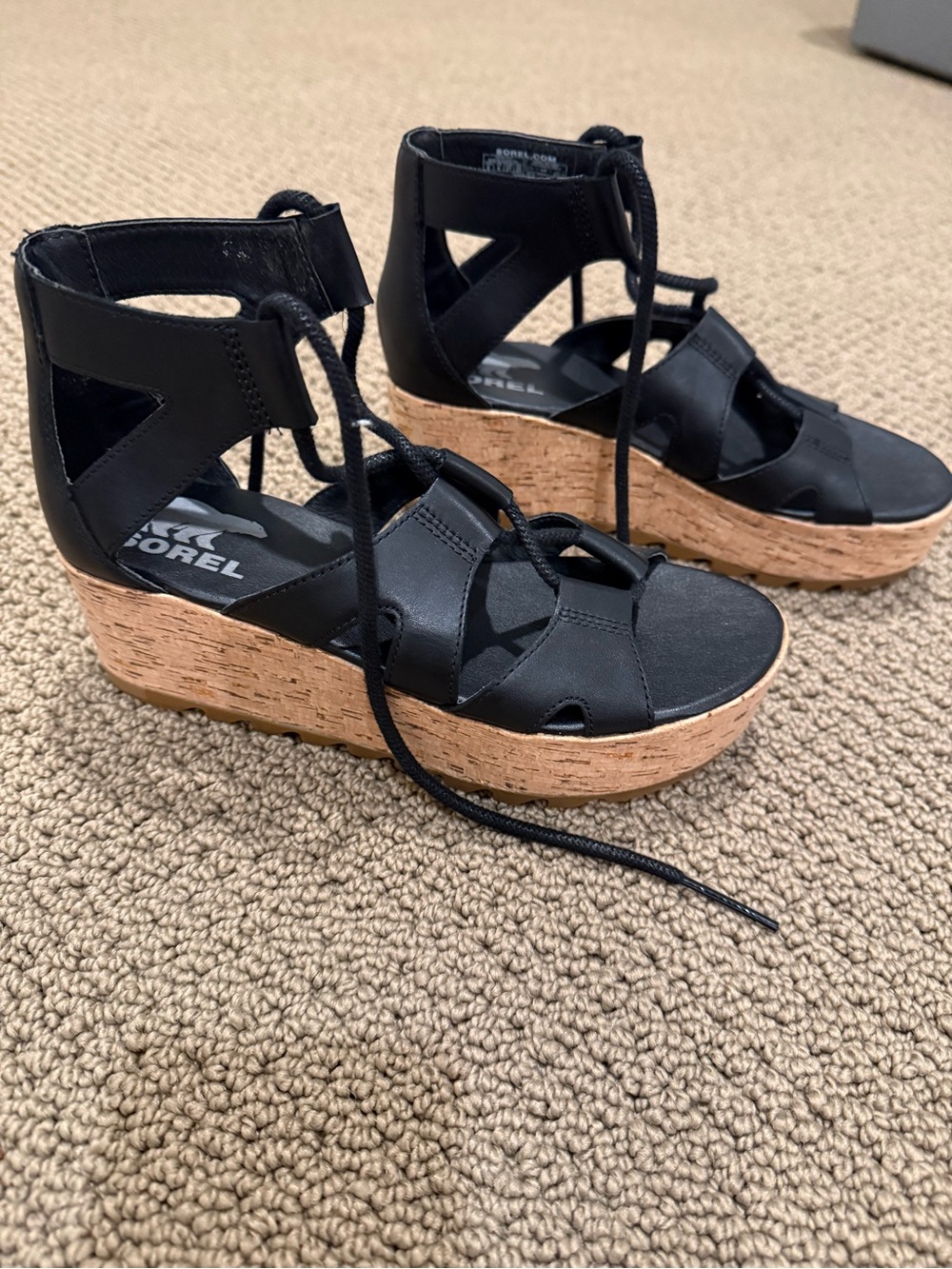 Sorel Black Lace-Up Cork Platform Wedge Sandals